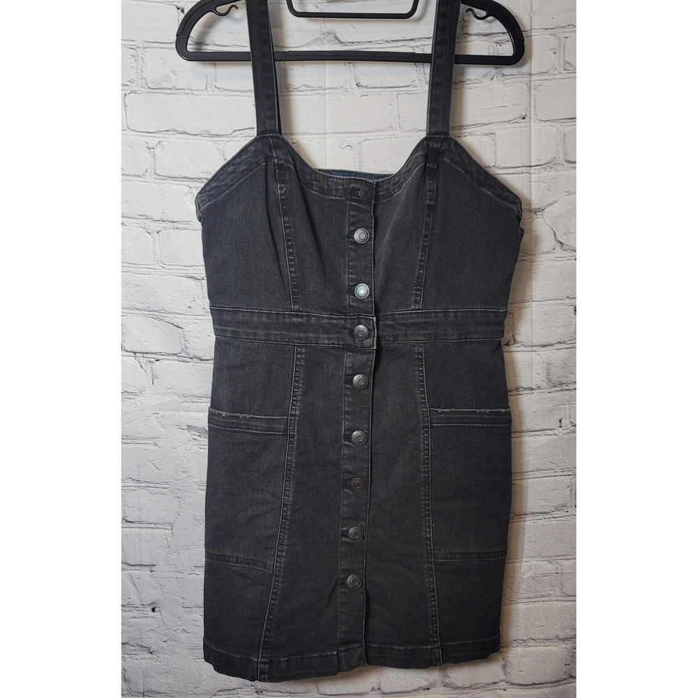 Aeropostale Overall Dress Womens Medium Gray Denim Button Front Pockets Mini Y2k